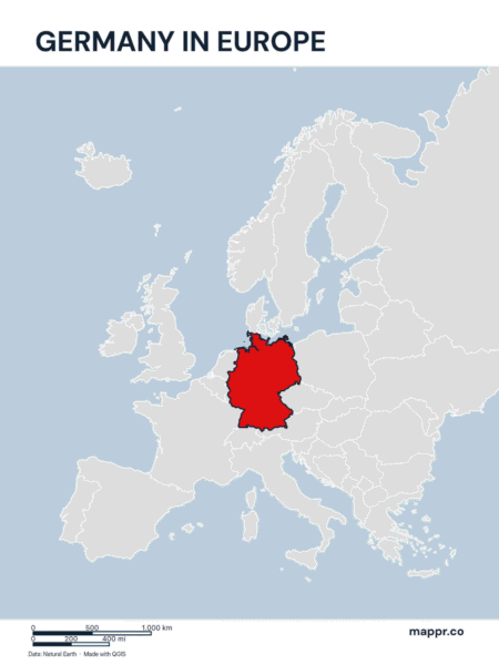A map highlighting Germany's location in red on the european continent, showcasing its position on the continent.
