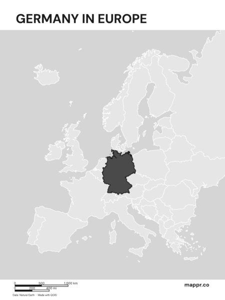 A black and white map highlighting Germany's location, showcasing its position on the continent.