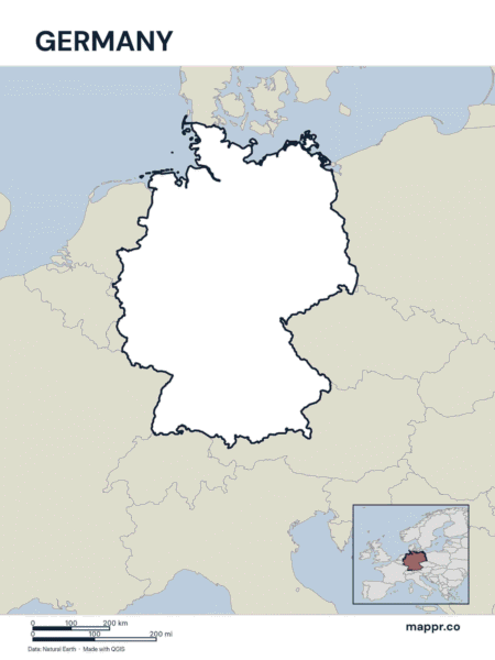 Outline map of Germany with detailed country borders, showcasing its geographical shape and boundaries.