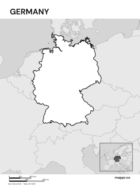 Black and white outline map of Germany, perfect for print and educational purposes, highlighting borders clearly.