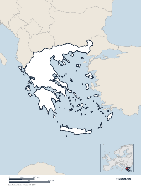 Blank political map of Greece showing its international borders without labels.