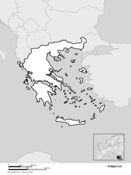 Blank political map of Greece showing its international borders without labels (black and white).