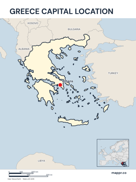 Detailed map pinpointing Athens, the capital of Greece.