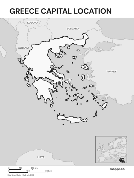 Detailed map pinpointing Athens, the capital of Greece (black and white).