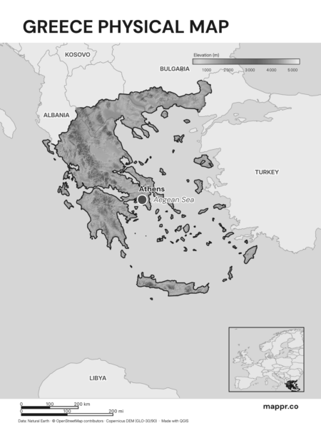 Map featuring Athens, the capital of Greece, with rich topographical detail (black and white).
