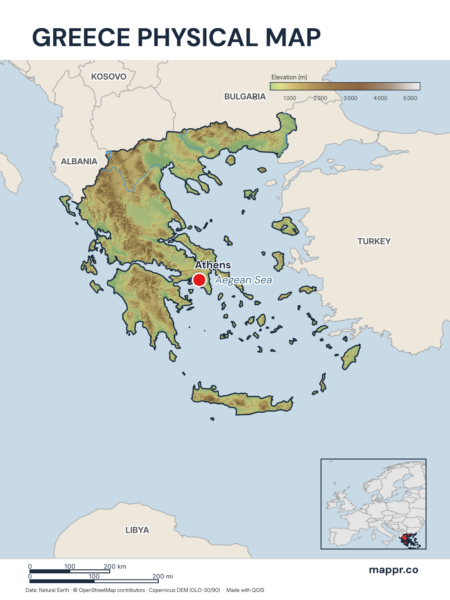 Map featuring Athens, the capital of Greece, with rich topographical detail.
