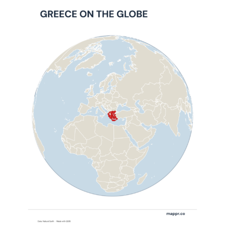 A map highlighting Greece's location on a globe, marked with a red outline.