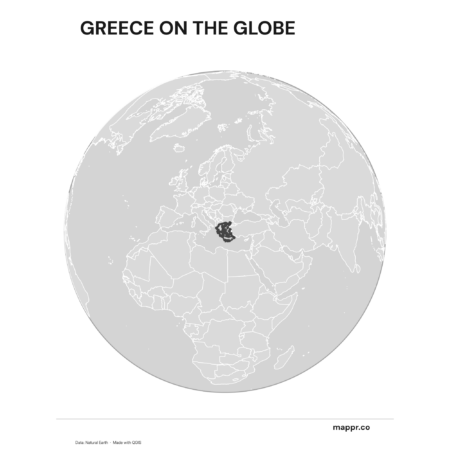 A map highlighting Greece's location on a globe, marked with a red outline (black and white).
