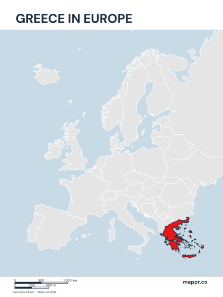 A map highlighting Greece's location on the european continent.