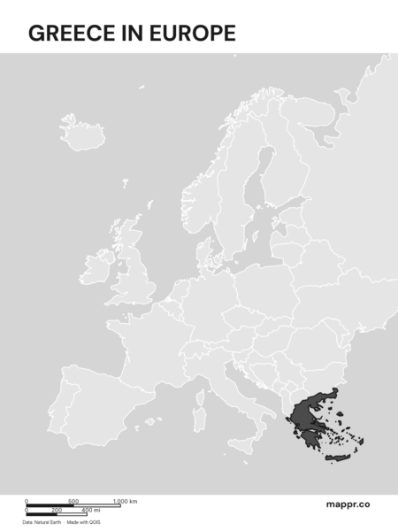 A map highlighting Greece's location on the european continent (black and white).