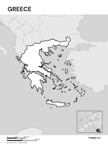 Outline map of Greece with detailed country borders (black and white).