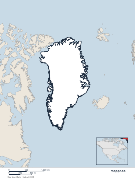 Blank political map of Greenland showing its international borders without labels.