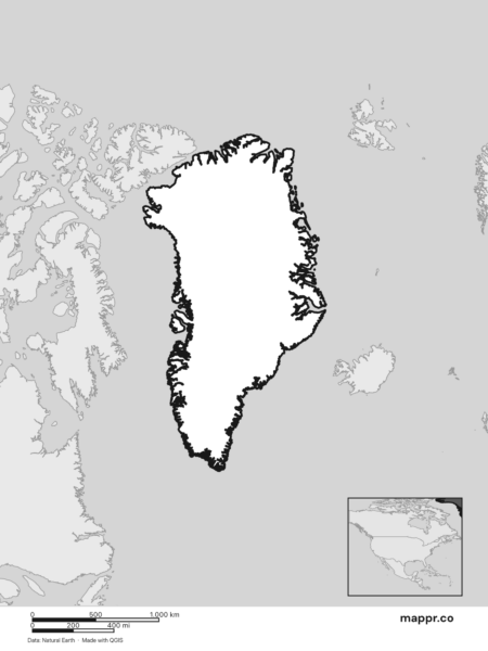 Blank political map of Greenland showing its international borders without labels (black and white).