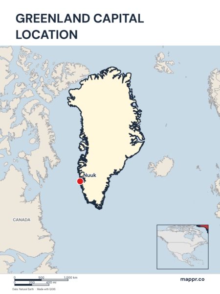 Detailed map pinpointing Nuuk, the capital of Greenland.
