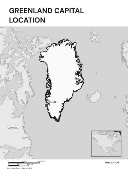Detailed map pinpointing Nuuk, the capital of Greenland (black and white).