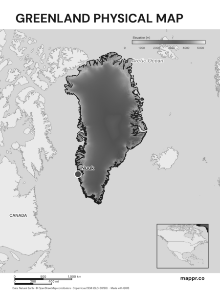 Map featuring Nuuk, the capital of Greenland, with rich topographical detail (black and white).