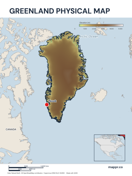 Map featuring Nuuk, the capital of Greenland, with rich topographical detail.