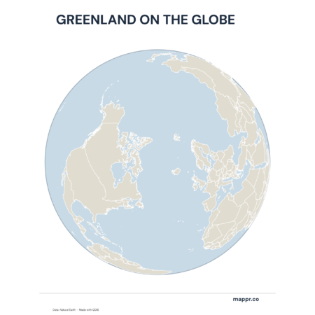A map highlighting Greenland's location on a globe, marked with a red outline.