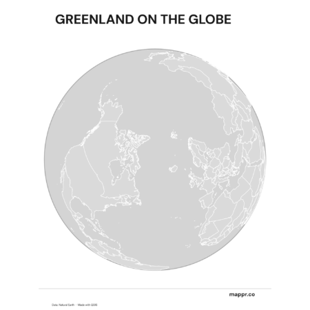 A map highlighting Greenland's location on a globe, marked with a red outline (black and white).