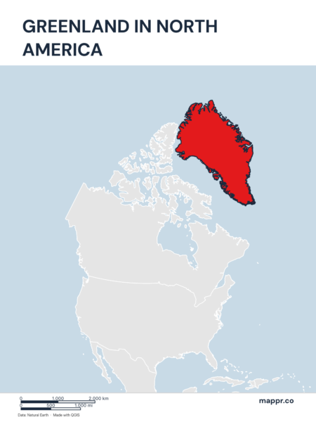 A map highlighting Greenland's location on the north american continent.