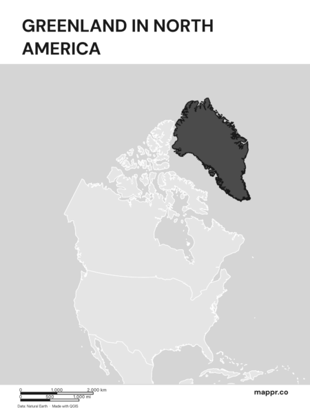 A map highlighting Greenland's location on the north american continent (black and white).