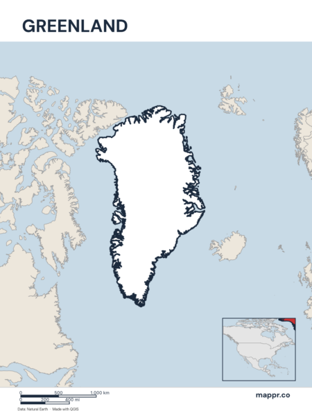 Outline map of Greenland with detailed country borders.