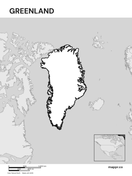 Outline map of Greenland with detailed country borders (black and white).