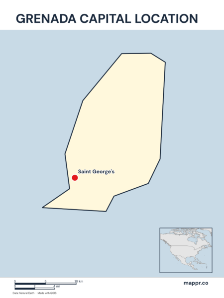 Detailed map pinpointing Saint George's, the capital of Grenada.