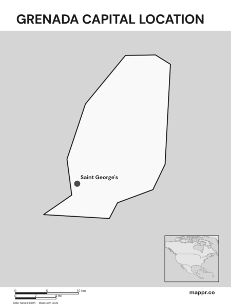 Detailed map pinpointing Saint George's, the capital of Grenada (black and white).