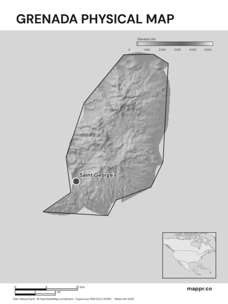 Map featuring Saint George's, the capital of Grenada, with rich topographical detail (black and white).