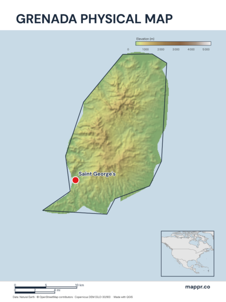 Map featuring Saint George's, the capital of Grenada, with rich topographical detail.