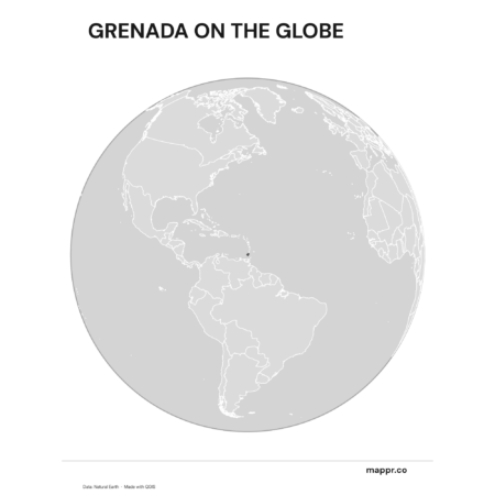 A map highlighting Grenada's location on a globe, marked with a red outline (black and white).