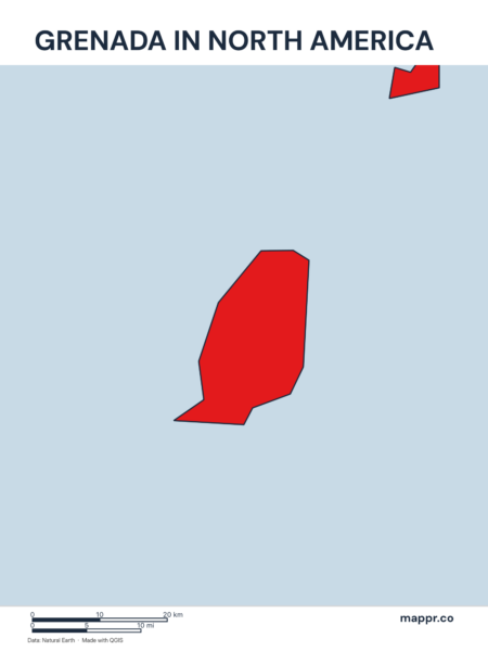A map highlighting Grenada's location on the north american continent.