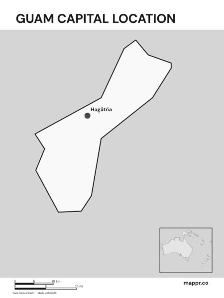 Detailed map pinpointing Hagåtña, the capital of Guam (black and white).