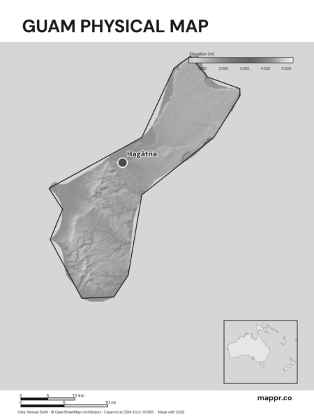 Map featuring Hagåtña, the capital of Guam, with rich topographical detail (black and white).