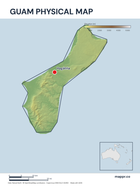 Map featuring Hagåtña, the capital of Guam, with rich topographical detail.
