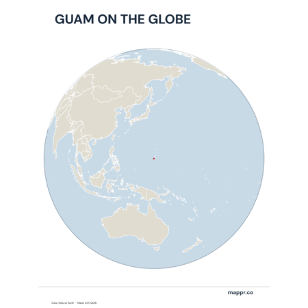 A map highlighting Guam's location on a globe, marked with a red outline.