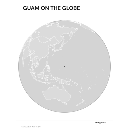 A map highlighting Guam's location on a globe, marked with a red outline (black and white).