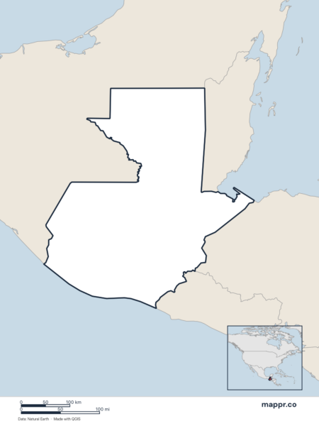 Blank political map of Guatemala showing its international borders without labels.