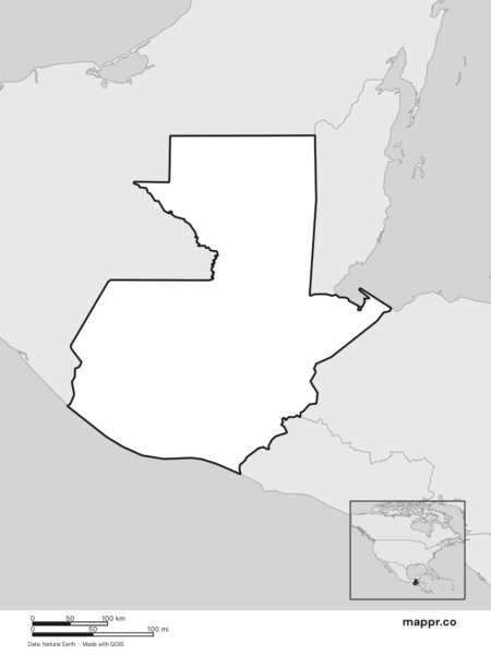 Blank political map of Guatemala showing its international borders without labels (black and white).