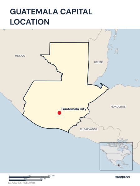 Detailed map pinpointing Guatemala City, the capital of Guatemala.