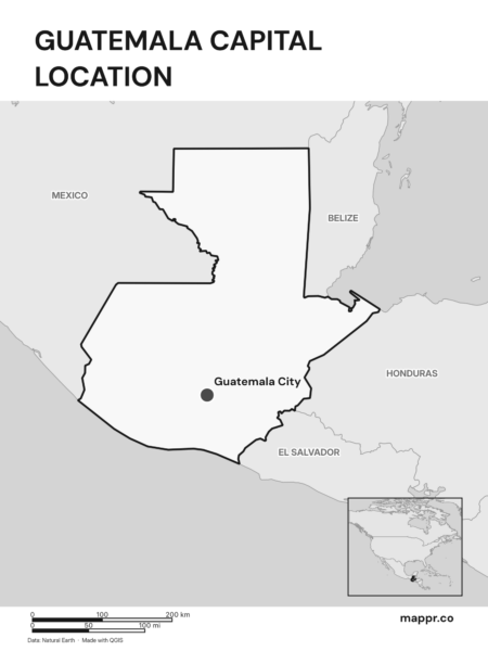 Detailed map pinpointing Guatemala City, the capital of Guatemala (black and white).
