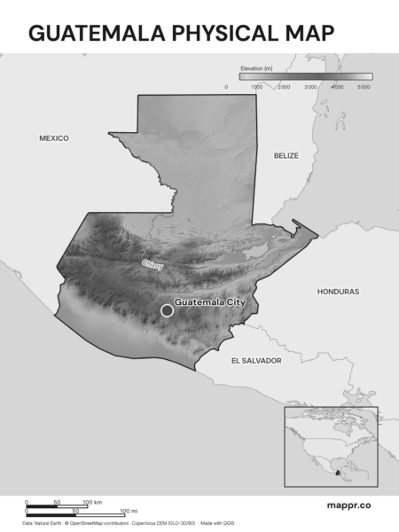 Map featuring Guatemala City, the capital of Guatemala, with rich topographical detail (black and white).