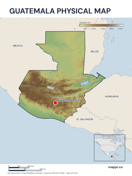 Map featuring Guatemala City, the capital of Guatemala, with rich topographical detail.