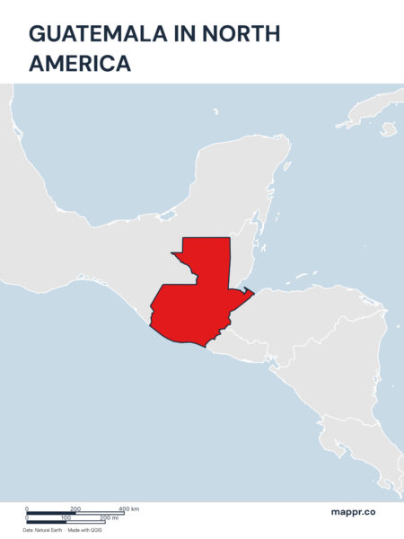 A map highlighting Guatemala's location on the north american continent.