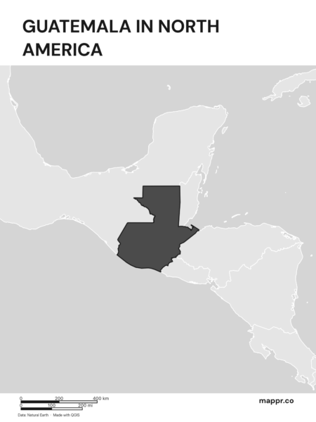 A map highlighting Guatemala's location on the north american continent (black and white).