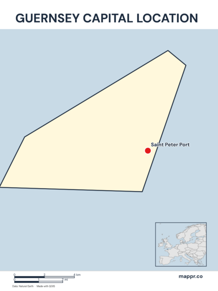 Detailed map pinpointing Saint Peter Port, the capital of Guernsey.
