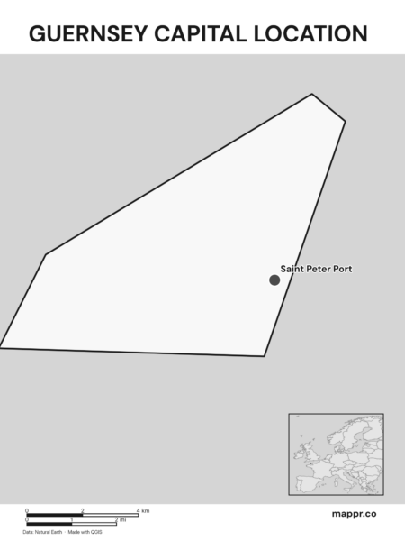Detailed map pinpointing Saint Peter Port, the capital of Guernsey (black and white).
