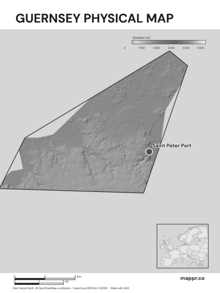 Map featuring Saint Peter Port, the capital of Guernsey, with rich topographical detail (black and white).