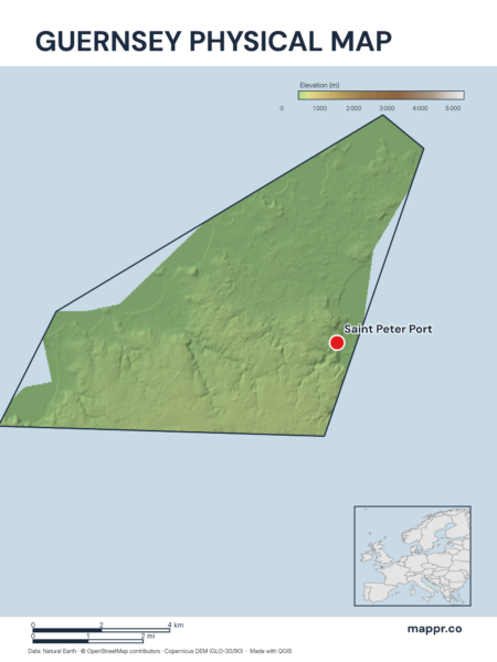 Map featuring Saint Peter Port, the capital of Guernsey, with rich topographical detail.